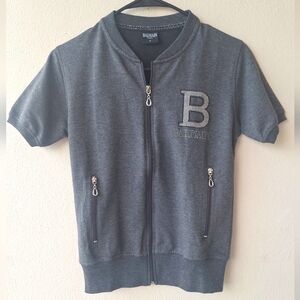 Balmain Paris Gray Full Zip  kangaroo Short Sleeve Women's Bomber Jacket Size S